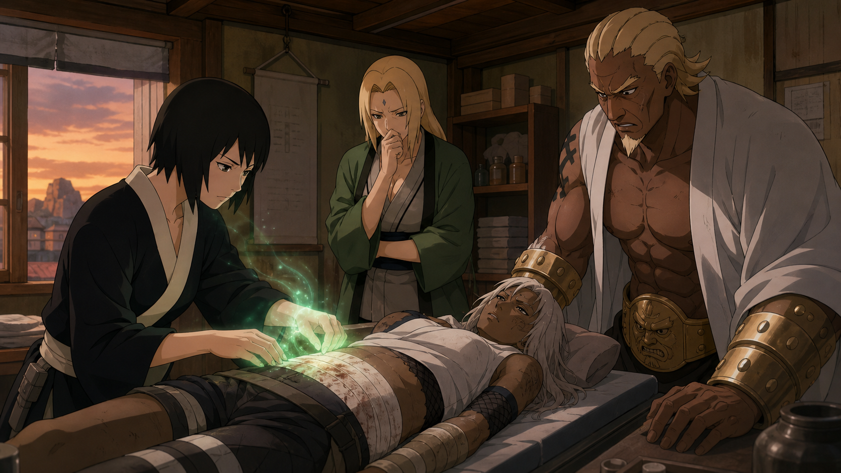 Shizune treats wounded Karai with medical chakra while Tsunade confronts her trauma and the Fourth Raikage watches protectively in Naruto Shippuden Episode 286