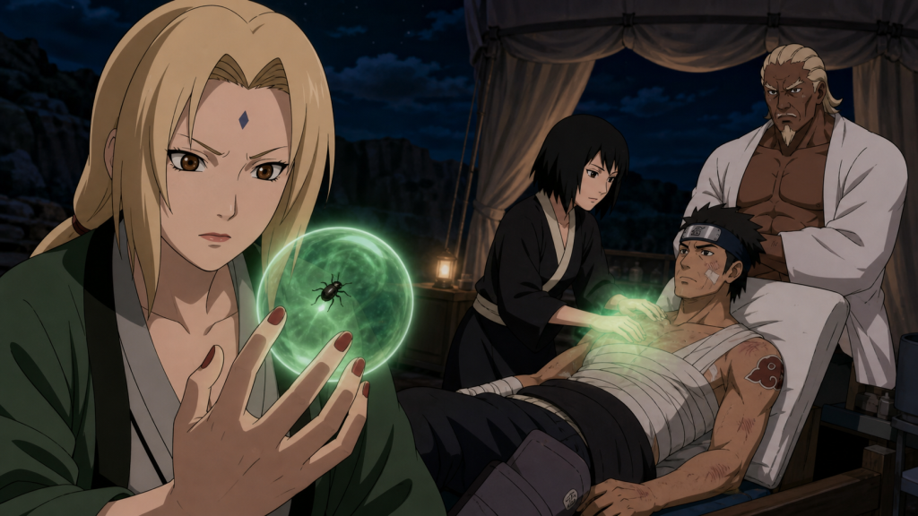 Tsunade traps a surveillance insect while Shizune treats wounded Karai and the Fourth Raikage watches with restrained trust in Naruto Shippuden Episode 287