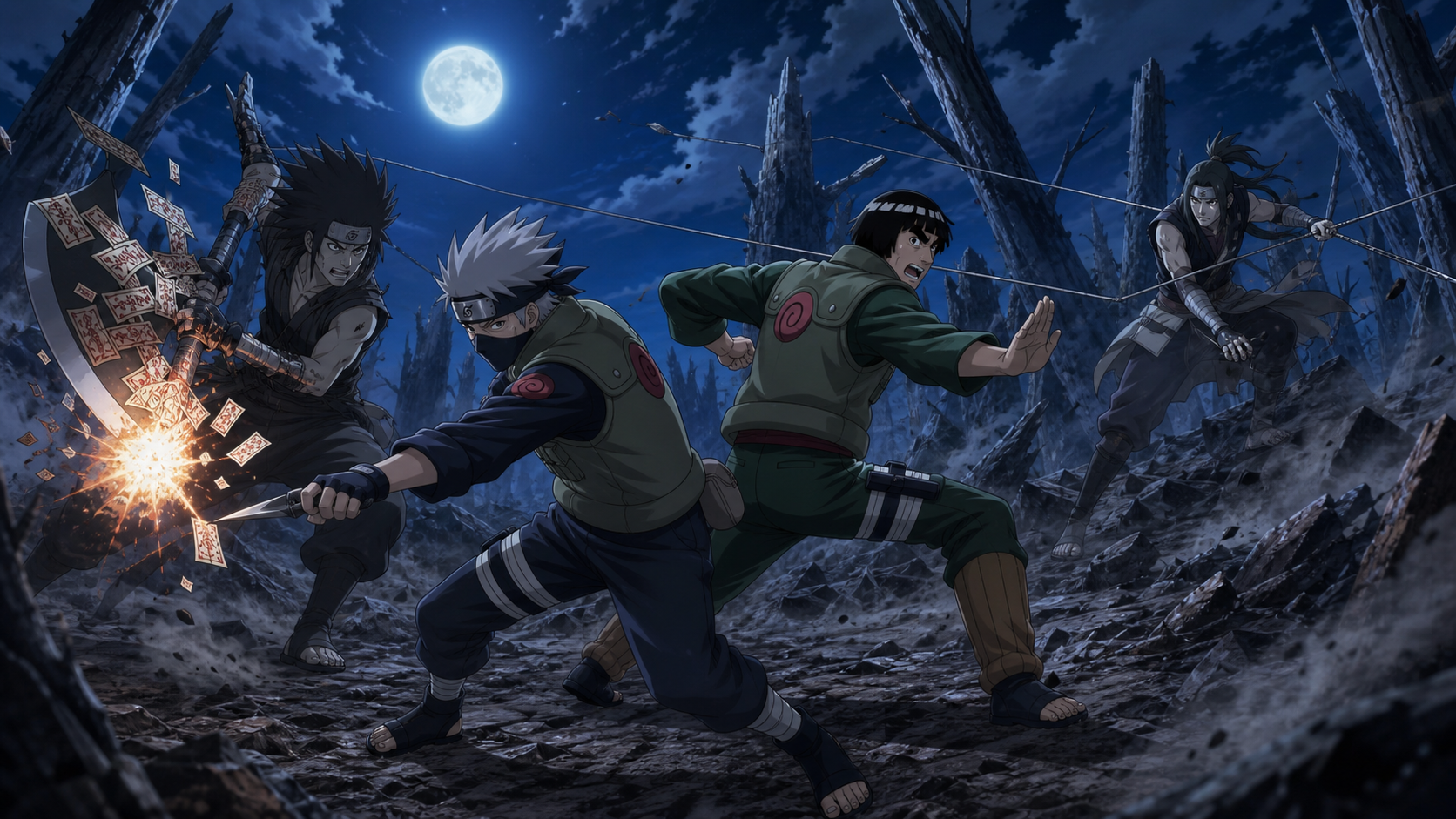Kakashi and Might Guy fight back-to-back as Jinpachi attacks with explosive Shibuki and Kushimaru stretches Nuibari wire across the battlefield in Naruto Shippuden Episode 288