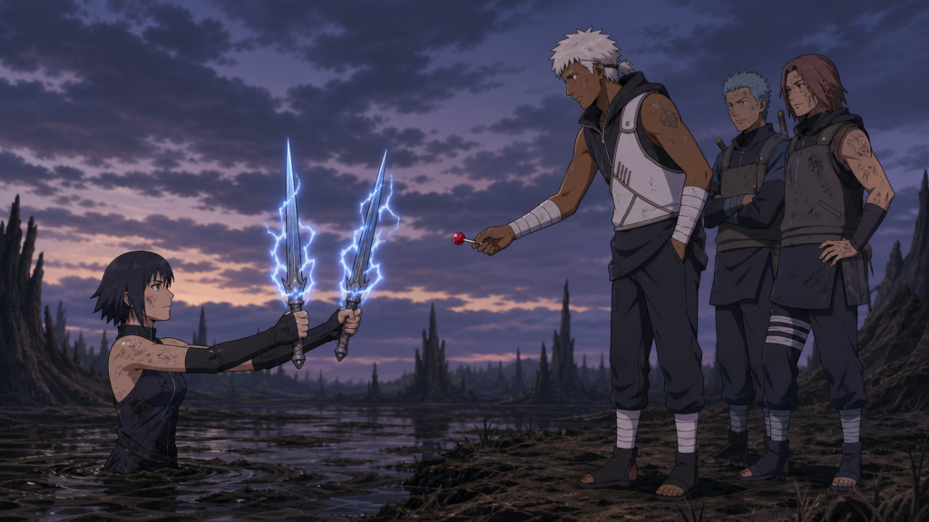 Ameyuri Ringo offers Omoi the paired Kiba lightning blades while he offers a lollipop at the edge of the marsh and Nurui and Kayui support him in Naruto Shippuden Episode 289