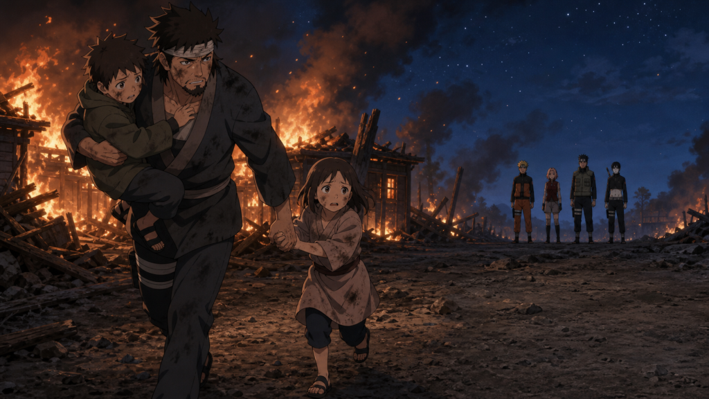 Dokku carries Leo and guides Miina away from burning Tonika Village while Naruto, Sakura, Yamato, and Sai arrive as investigators in Naruto Shippuden Episode 290