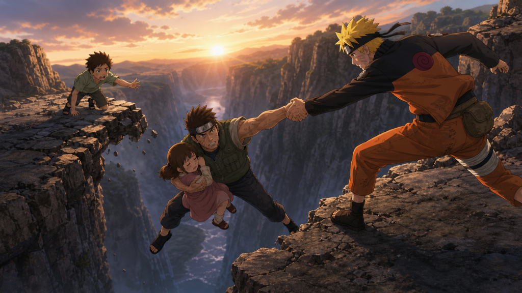 Naruto catches Dokku above a rocky ravine while Dokku shields Miina and Leo reaches toward them from the opposite ledge in Naruto Shippuden Episode 291