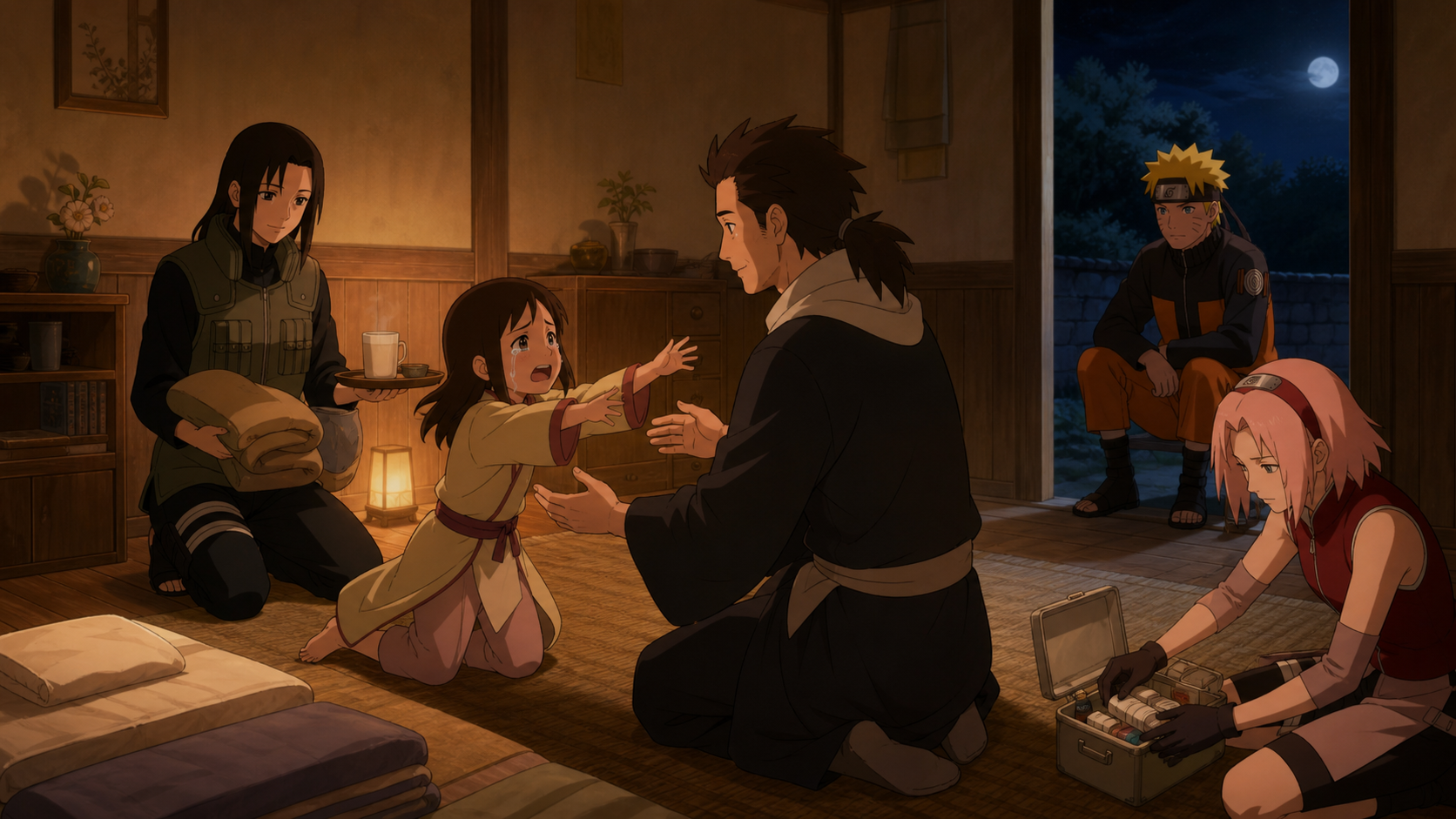 Miina reaches for Dokku after a nightmare while Shiseru brings a blanket, Naruto guards the doorway, and Sakura prepares medical support in Naruto Shippuden Episode 292