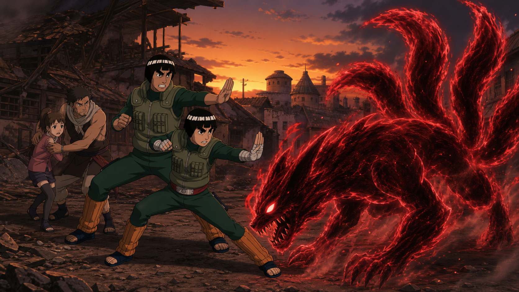 Might Guy and Rock Lee intercept a nonhuman four-tailed red chakra clone while Dokku shields Miina at damaged Hacho Village in Naruto Shippuden Episode 293