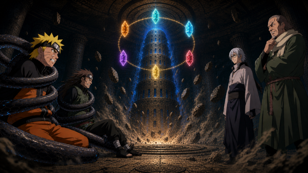 Naruto and Dokku struggle against chakra-draining snake restraints while Kabuto and Disonasu activate the six-piece Saezuri above the rising Ama no Hoko in Naruto Shippuden Episode 294