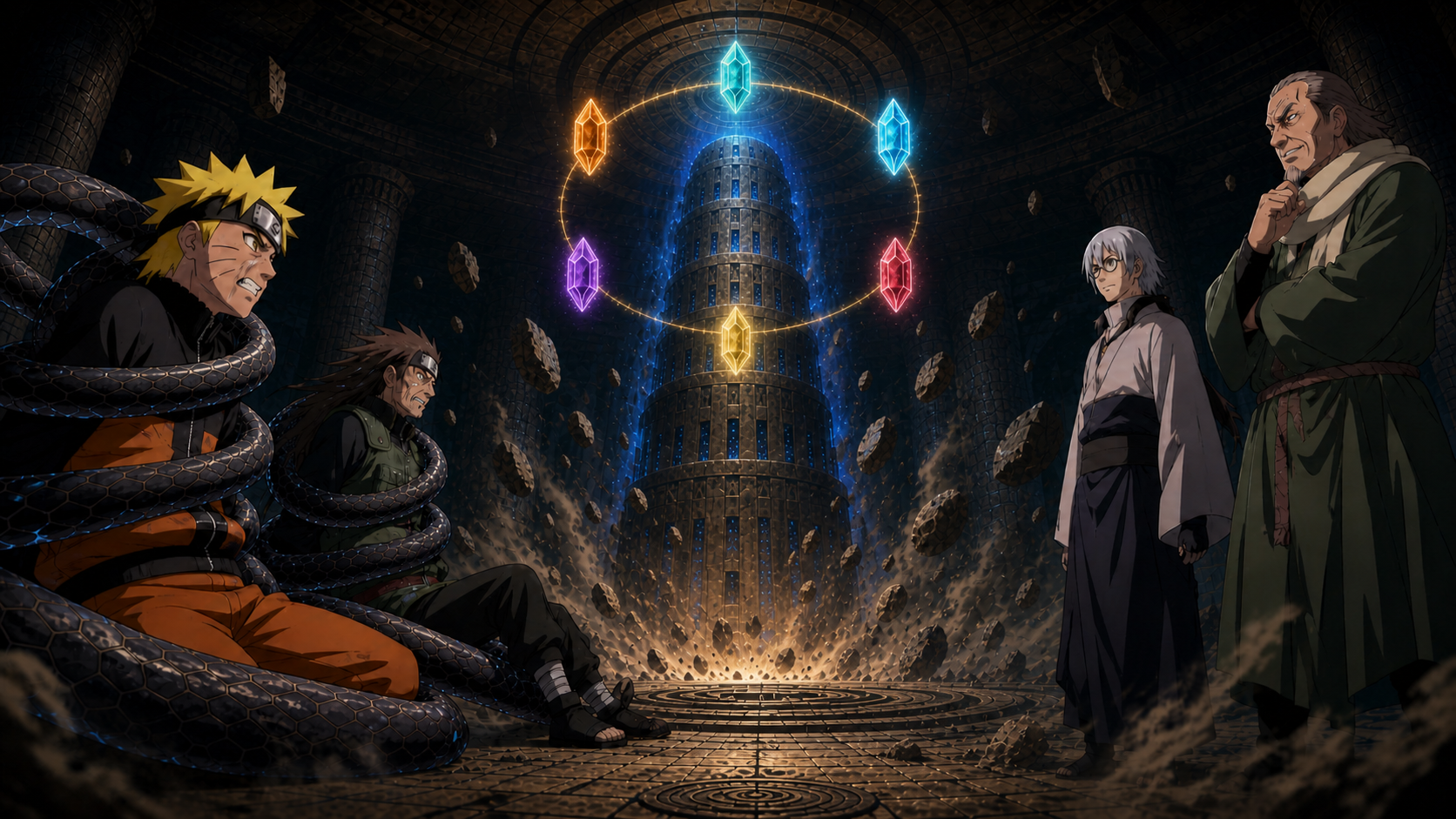 Naruto and Dokku struggle against chakra-draining snake restraints while Kabuto and Disonasu activate the six-piece Saezuri above the rising Ama no Hoko in Naruto Shippuden Episode 294