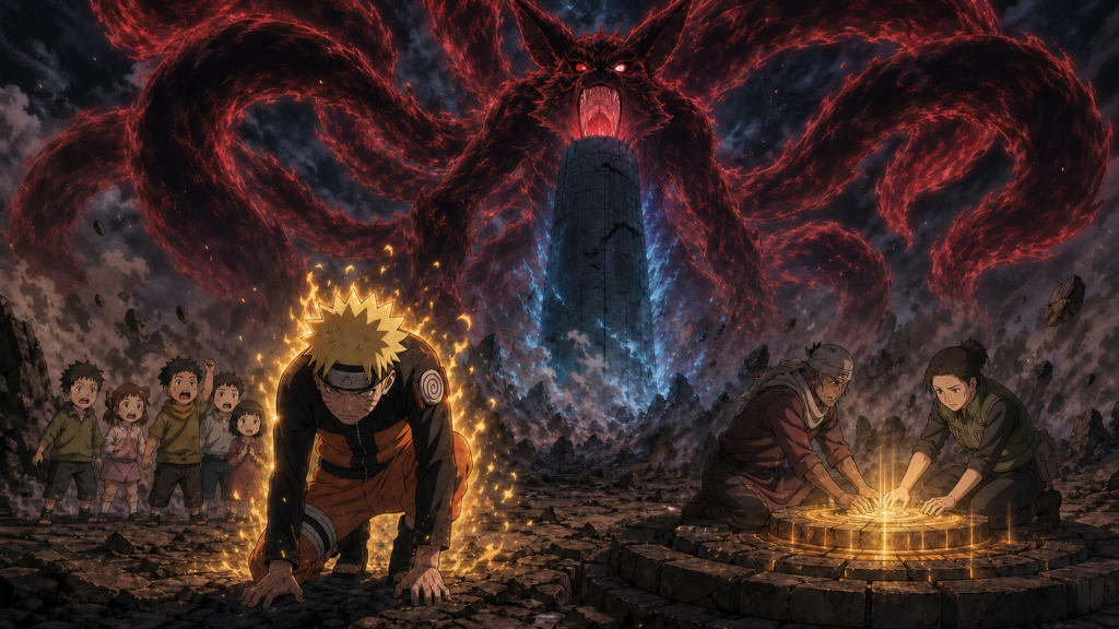 Naruto rises in golden chakra as five Tonika children call to him while Dokku and Shiseru shut down the Ama no Hoko beneath a hydra-tailed false Nine-Tails in Naruto Shippuden Episode 295