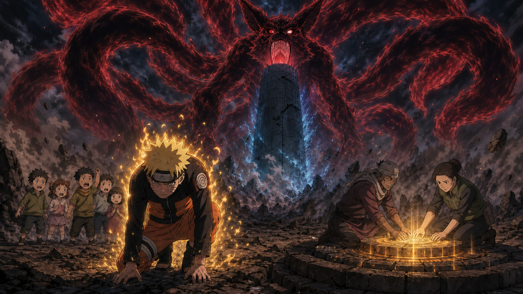 Naruto rises in golden chakra as five Tonika children call to him while Dokku and Shiseru shut down the Ama no Hoko beneath a hydra-tailed false Nine-Tails in Naruto Shippuden Episode 295