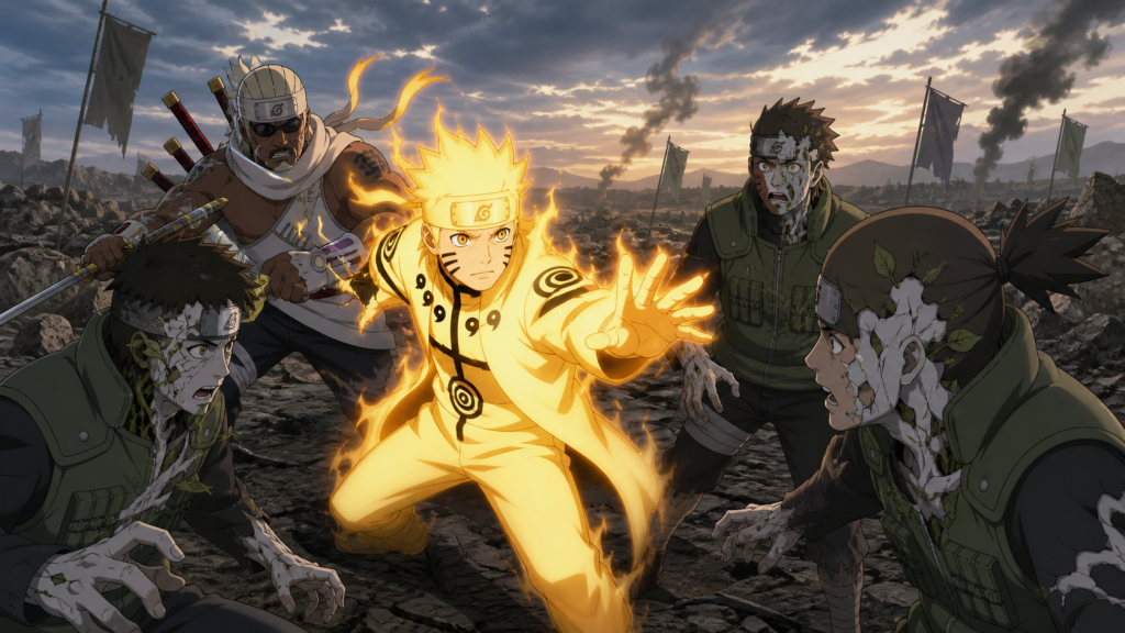 Naruto in golden Nine-Tails Chakra Mode exposes plant-like White Zetsu beneath three Allied disguises while Killer B supports him on the battlefield in Naruto Shippuden Episode 296