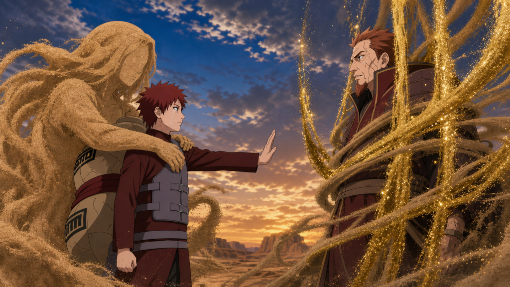Gaara cries as his mother Karura’s sand embraces him while tan sand and glittering Gold Dust seal the reincarnated Fourth Kazekage in Naruto Shippuden Episode 297