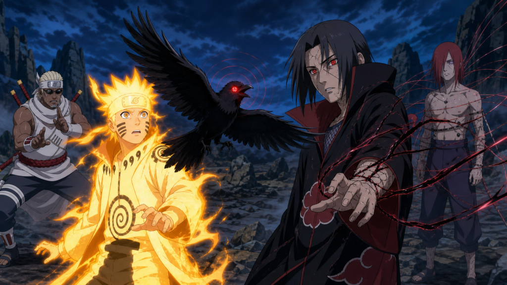 Shisui’s single Mangekyo crow flies between golden Naruto and reanimated Itachi as control threads snap from Itachi while Nagato remains bound in Naruto Shippuden Episode 298