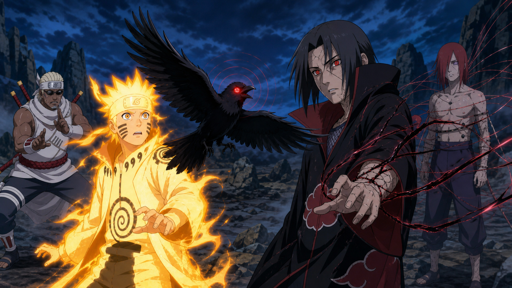 Shisui’s single Mangekyo crow flies between golden Naruto and reanimated Itachi as control threads snap from Itachi while Nagato remains bound in Naruto Shippuden Episode 298