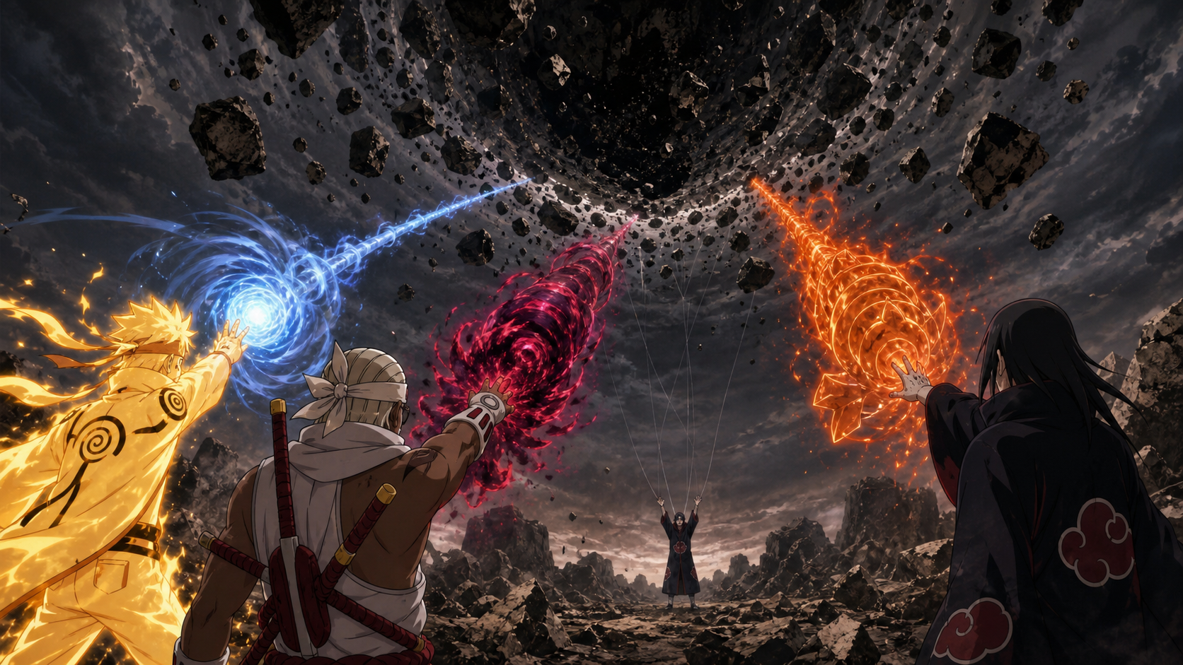 Naruto, Killer B, and Itachi launch three distinct attacks toward one Chibaku Tensei core while controlled Nagato sustains the gravity technique in Naruto Shippuden Episode 299