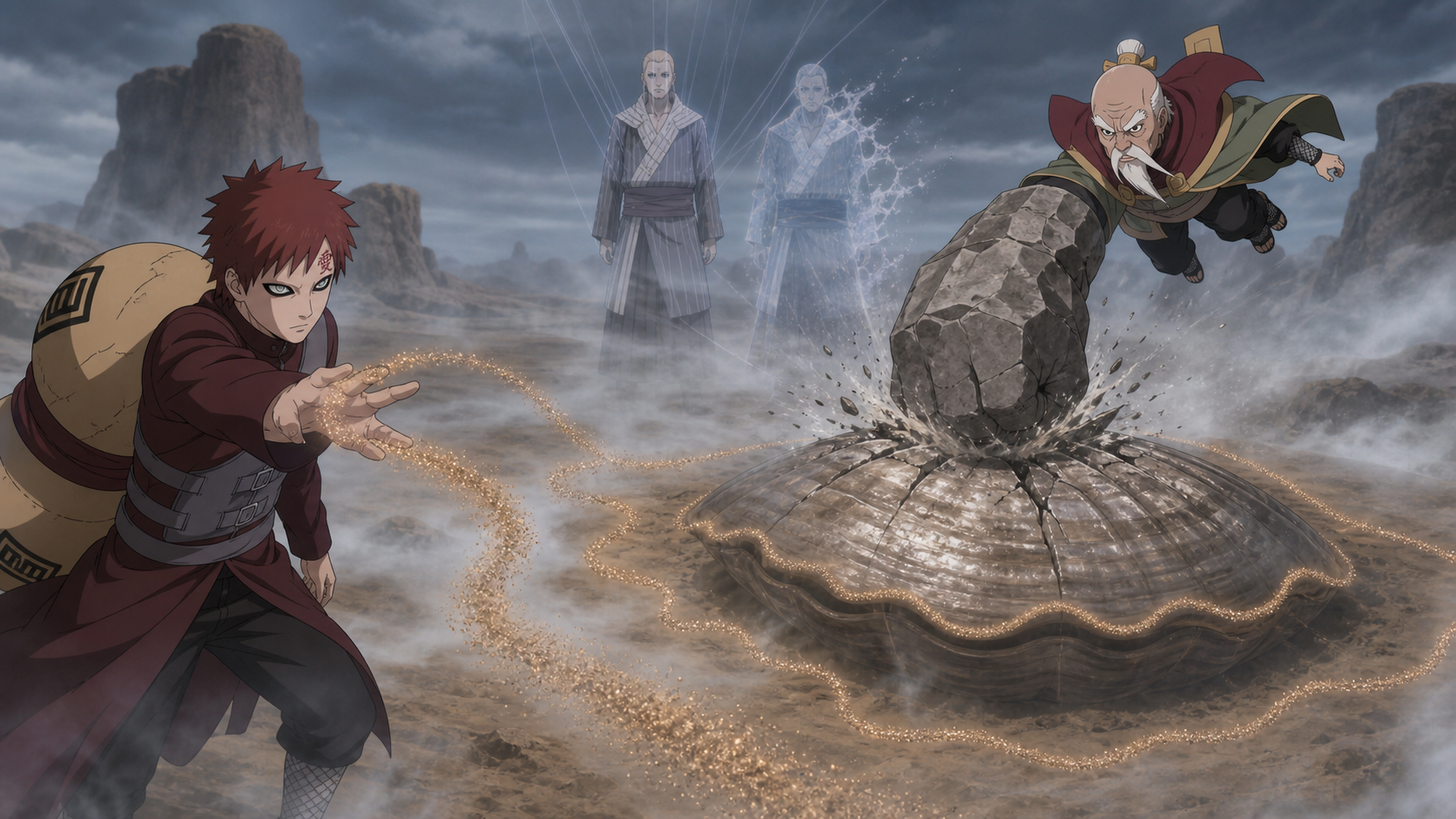 Gaara’s sensory sand traces the solid giant clam while Ohnoki’s weighted stone fist cracks its shell and the Second Mizukage’s false projection dissolves in Naruto Shippuden Episode 300