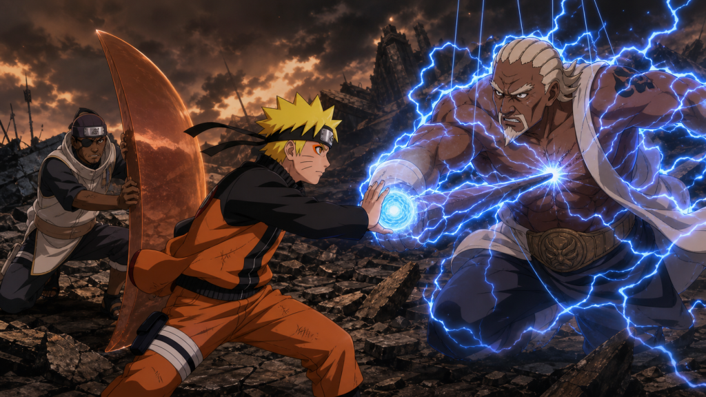 Sage Mode Naruto redirects the Third Raikage’s lightning-coated One-Finger Hell Stab toward his old chest scar while Dodai protects the sealing lane in Naruto Shippuden Episode 301