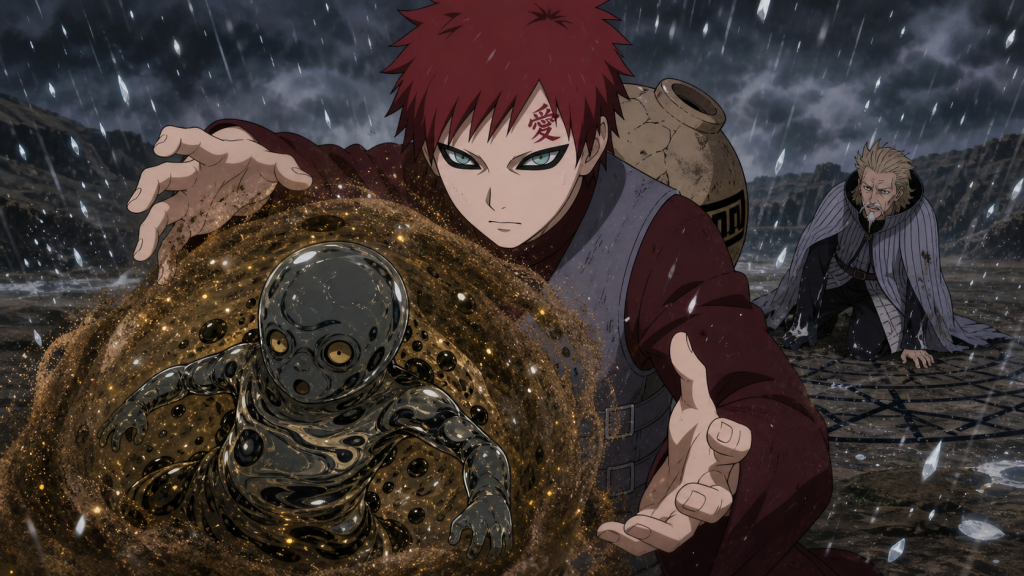 Gaara cools and weighs down the Second Mizukage Steam Imp with hail-soaked sand and Gold Dust in Naruto Shippuden Episode 302