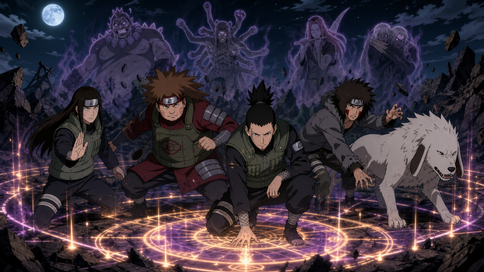 Shikamaru, Choji, Neji, Kiba and Akamaru stand inside an Underworld Transfer seal beneath the reanimated Sound Four in Naruto Shippuden Episode 303