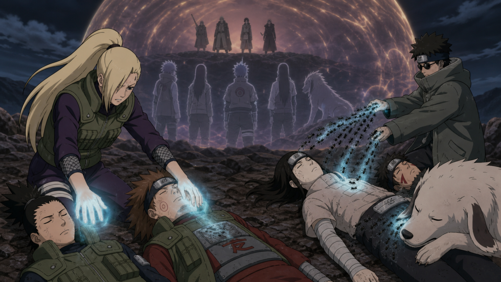 Ino and Shino sustain the unconscious bodies of Shikamaru, Choji, Neji, Kiba and Akamaru beneath the soul barrier in Naruto Shippuden Episode 304