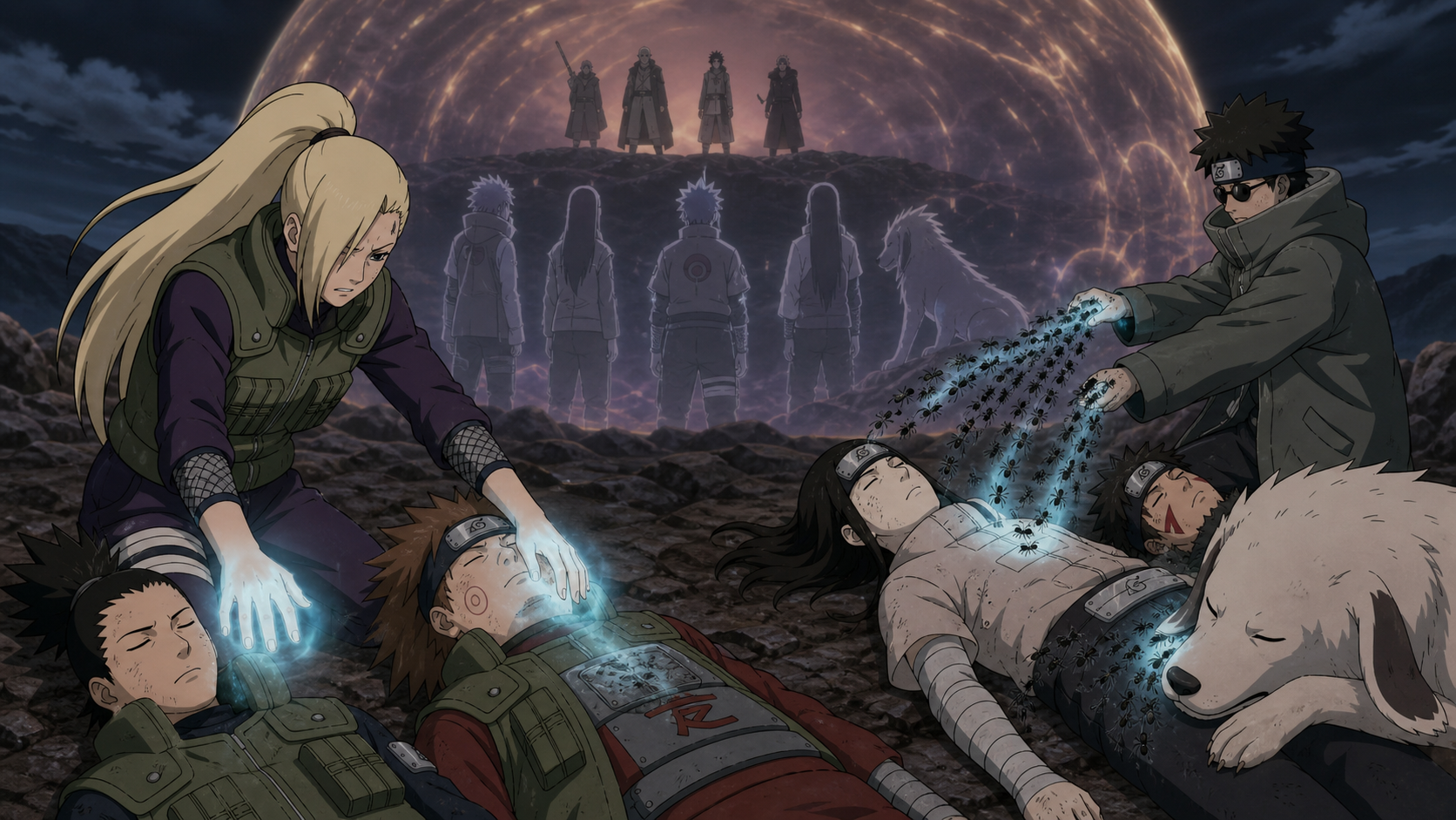 Ino and Shino sustain the unconscious bodies of Shikamaru, Choji, Neji, Kiba and Akamaru beneath the soul barrier in Naruto Shippuden Episode 304