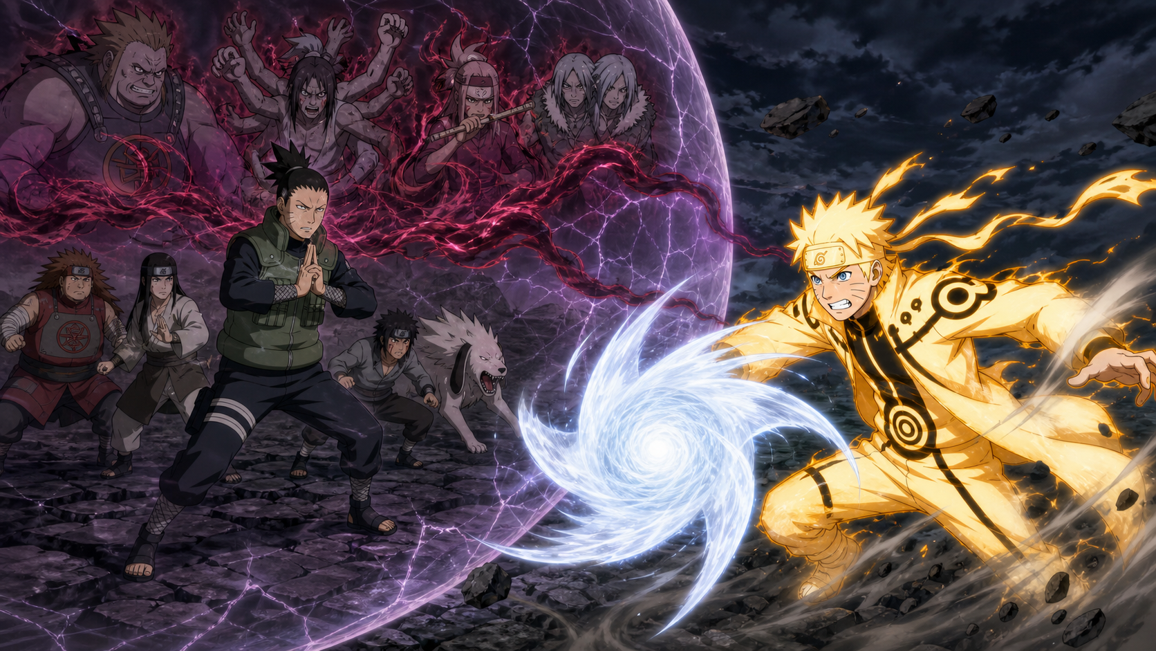 Naruto attacks the Underworld Transfer barrier from outside while Shikamaru makes the Sound Four hatred visible in Naruto Shippuden Episode 305