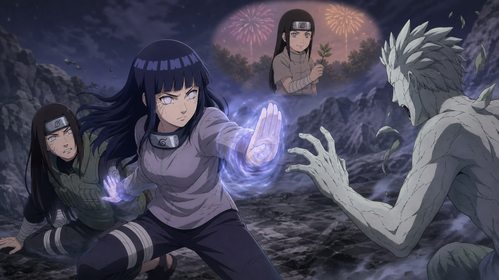 Hinata protects a recovering Neji from White Zetsu while remembering his childhood search for an eye-medicine plant in Naruto Shippuden Episode 306