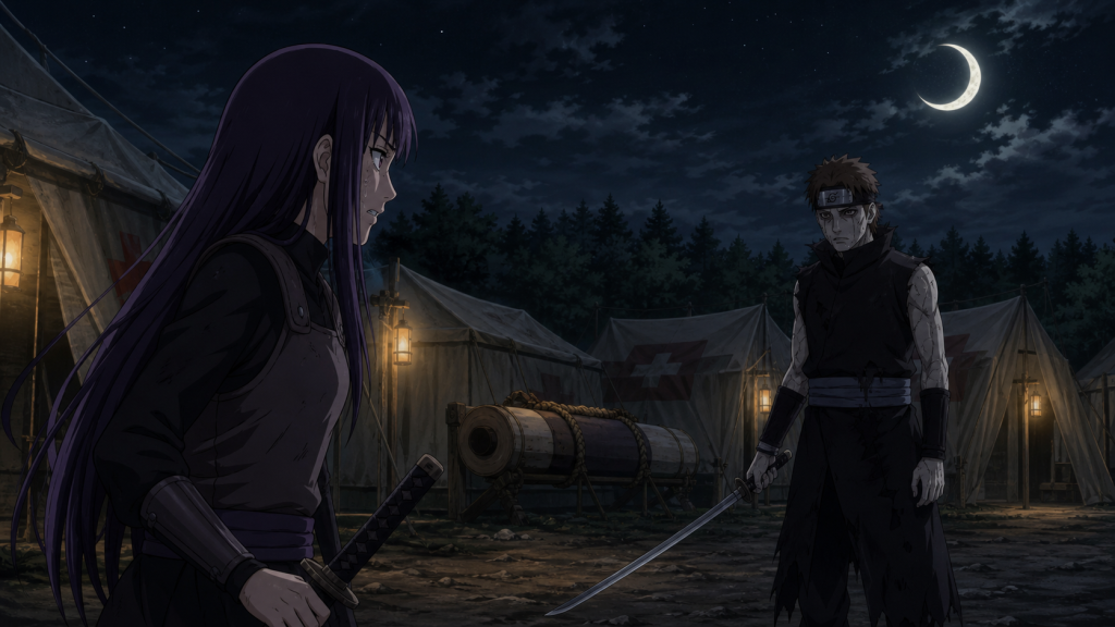 Yugao Uzuki faces the reanimated Hayate Gekko beneath a crescent moon outside an Allied Shinobi Forces medical camp in Naruto Shippuden Episode 307