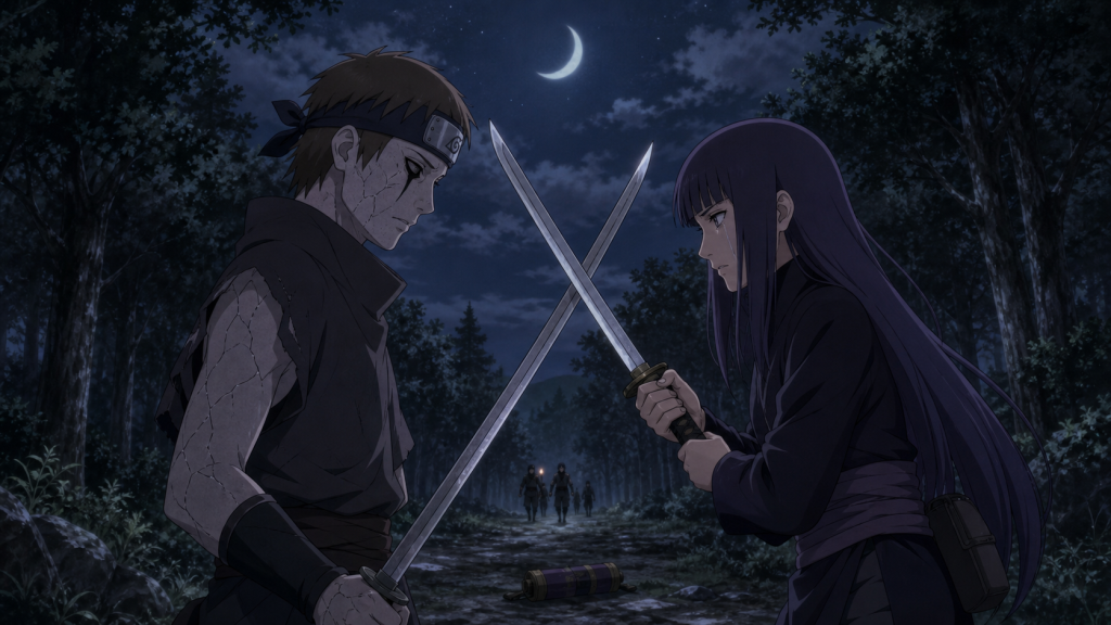 Yugao Uzuki crosses swords with the reanimated Hayate Gekko under a crescent moon as a sealing team approaches in Naruto Shippuden Episode 308