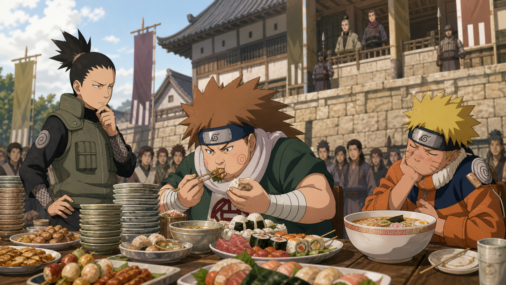 Choji tackles a castle food contest as Shikamaru coordinates and an exhausted Naruto faces one final ramen bowl in Naruto Shippuden Episode 309