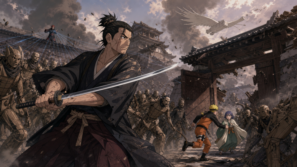 Tatewaki defends a collapsing castle from Sasori puppets while Naruto escorts Princess Chiyo toward safety in Naruto Shippuden Episode 310