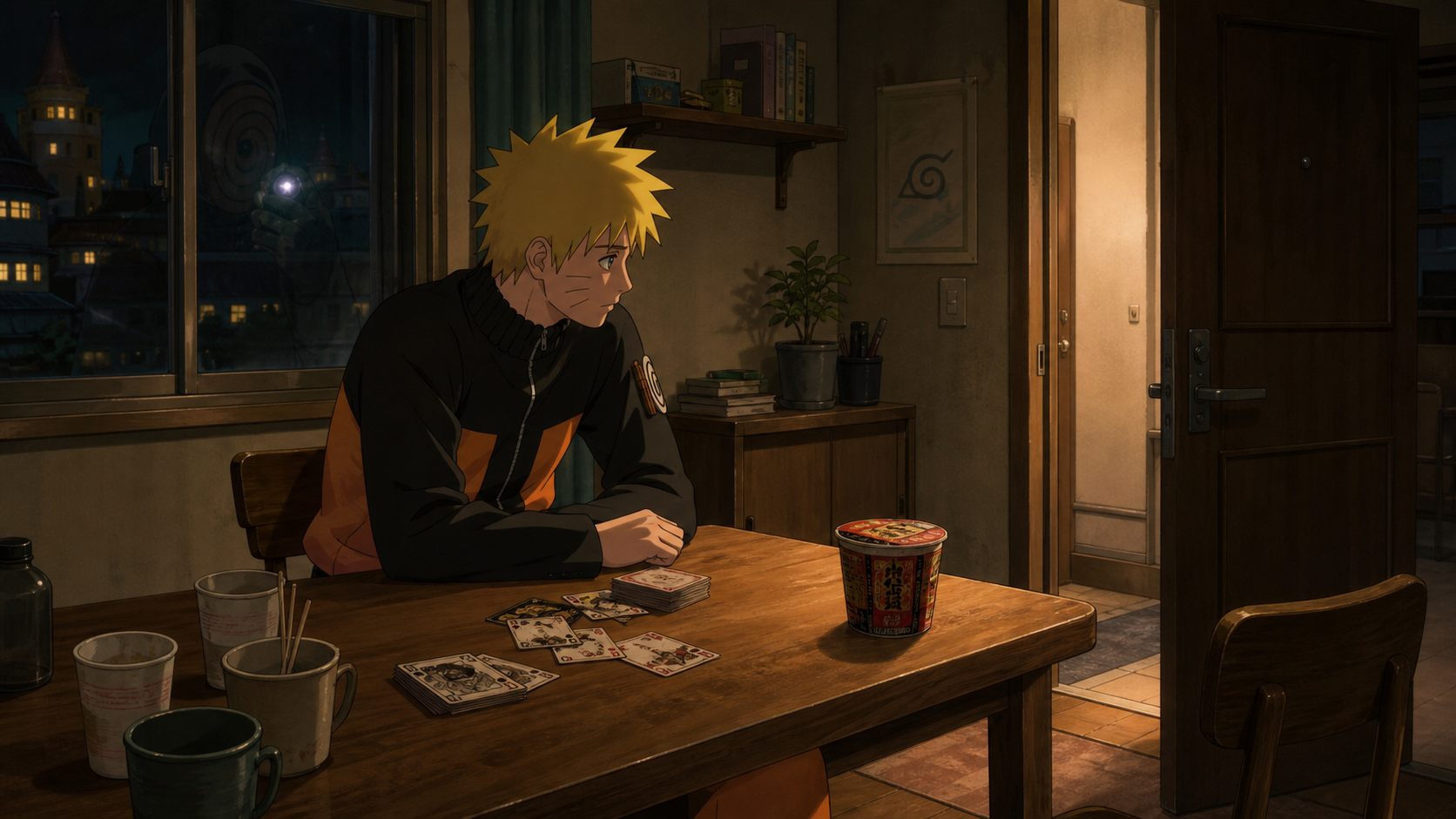 Naruto sits alone after his friends leave, with cards, empty cups and unopened premium ramen as Tobi watches in Naruto Shippuden Episode 311