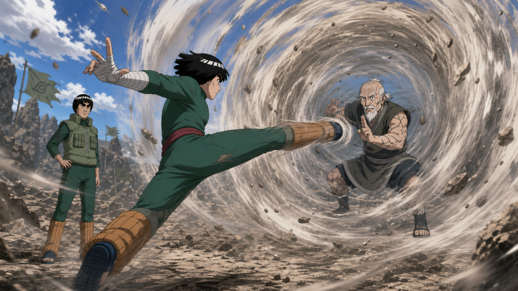 Rock Lee enters the eye of Master Chen rotating Leaf Dragon God while Might Guy watches in Naruto Shippuden Episode 312