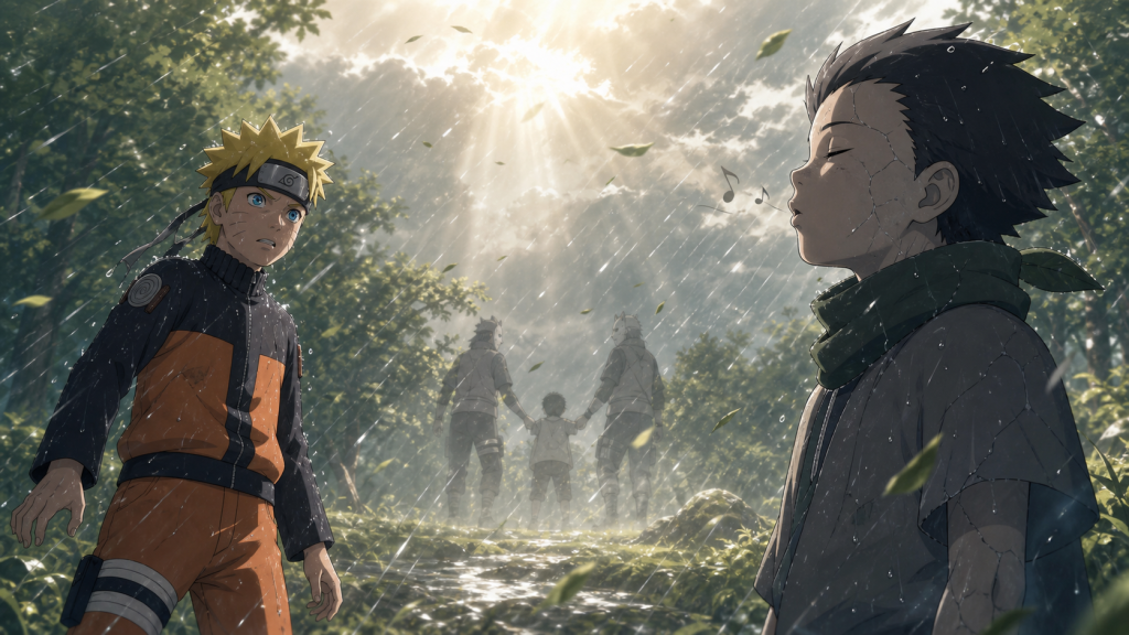 Naruto faces Yota whistling through a sun shower as the memory of ANBU capture returns in Naruto Shippuden Episode 314