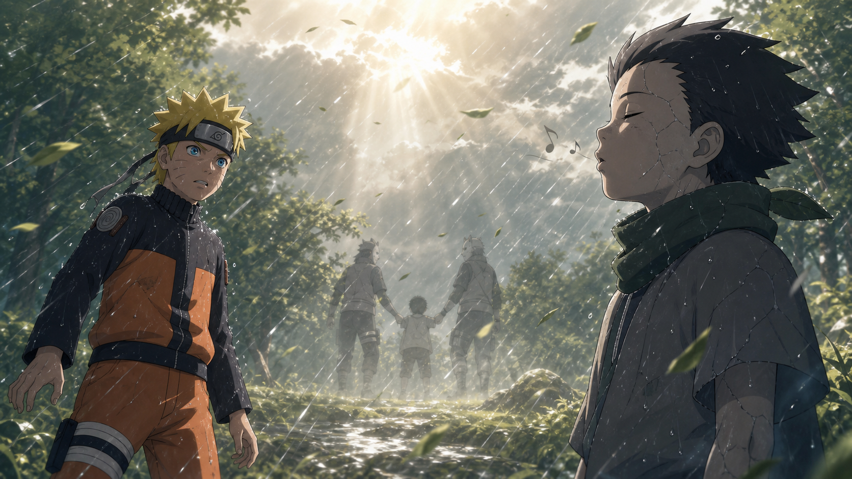 Naruto faces Yota whistling through a sun shower as the memory of ANBU capture returns in Naruto Shippuden Episode 314