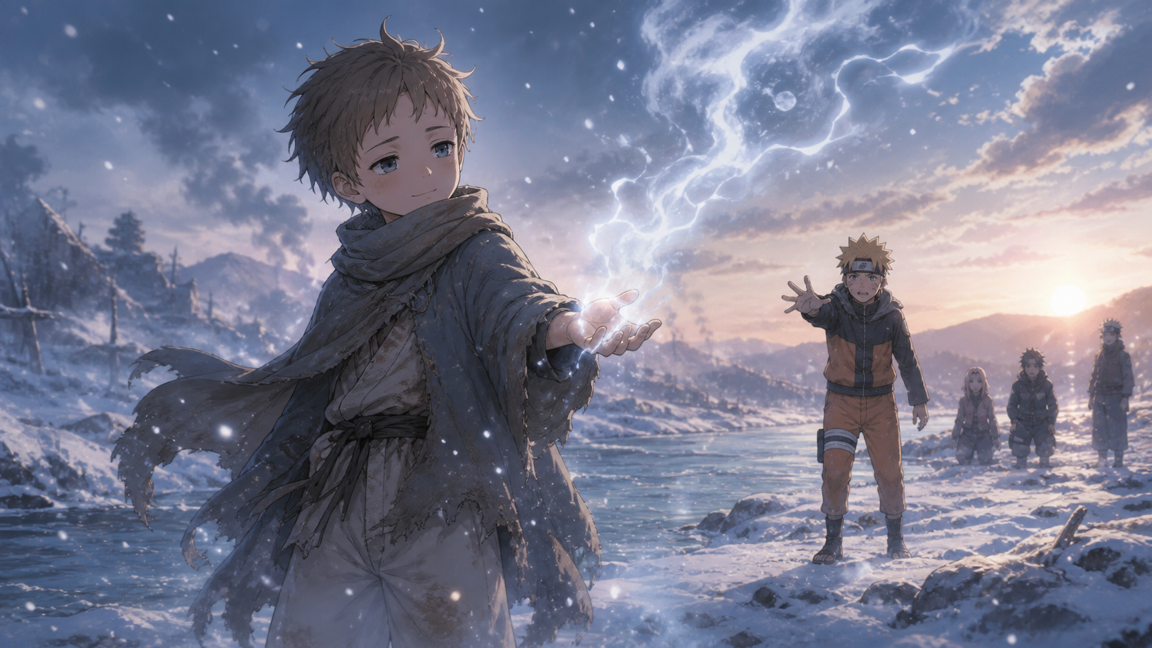 Yota offers a peaceful final goodbye in falling snow as Naruto and their childhood friends reach toward him beside a winter river in Naruto Shippuden Episode 315