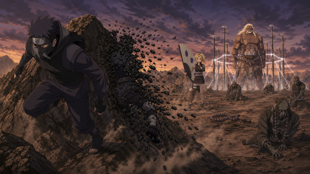 Torune Aburame escapes across a rocky battlefield as his insect clone breaks apart near Temari and the sealed Third Raikage in Naruto Shippuden Episode 316