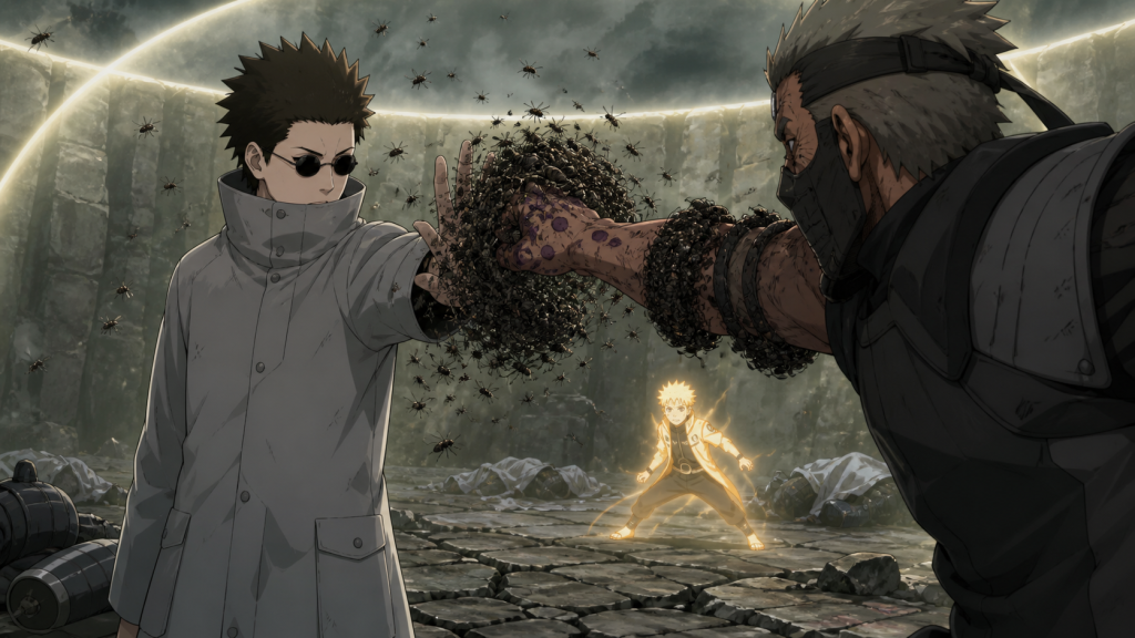 Shino Aburame blocks Torune Aburame's poisoned strike with a resistant insect swarm as Naruto's shadow clone watches in Naruto Shippuden Episode 317