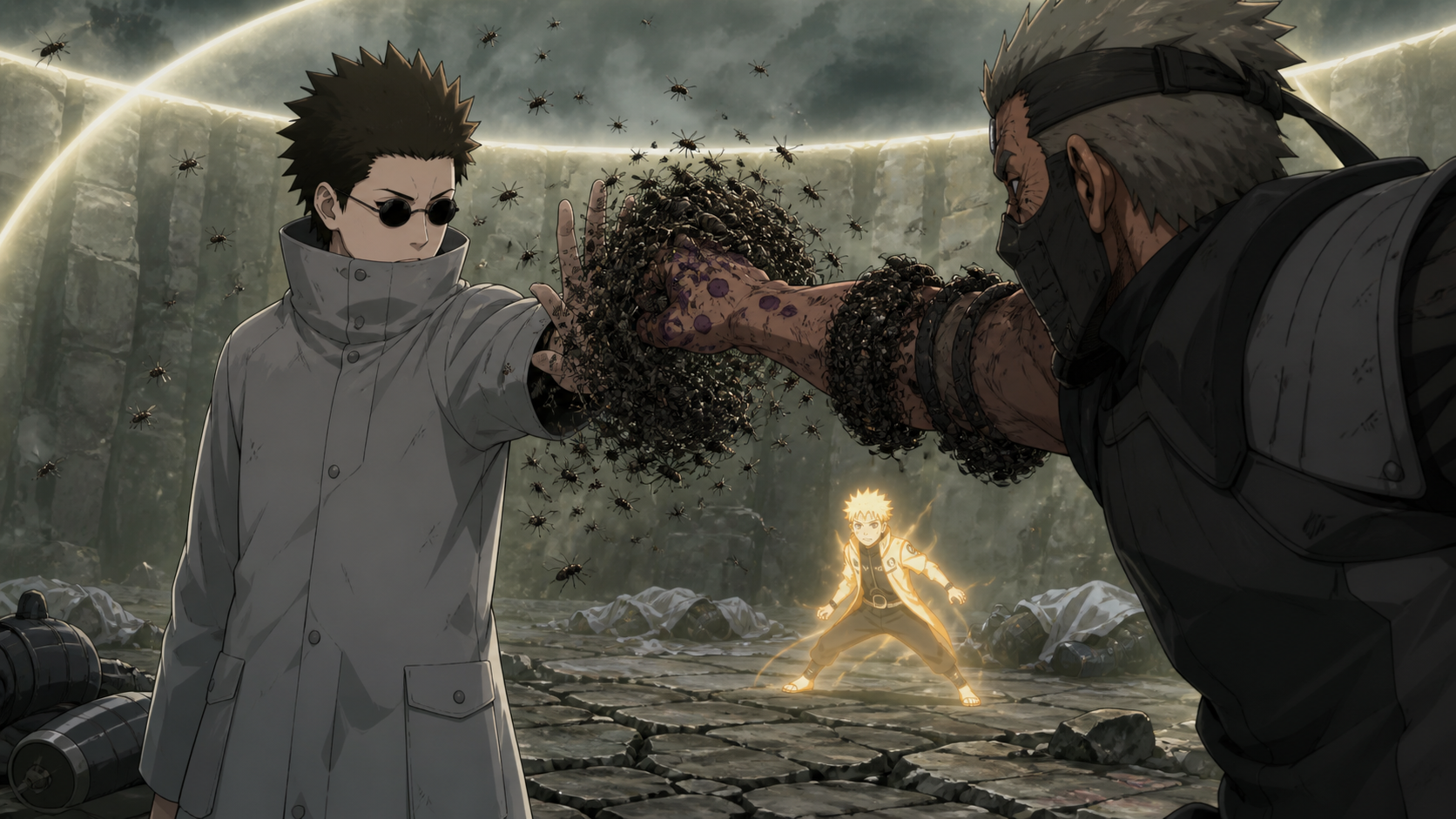 Shino Aburame blocks Torune Aburame's poisoned strike with a resistant insect swarm as Naruto's shadow clone watches in Naruto Shippuden Episode 317