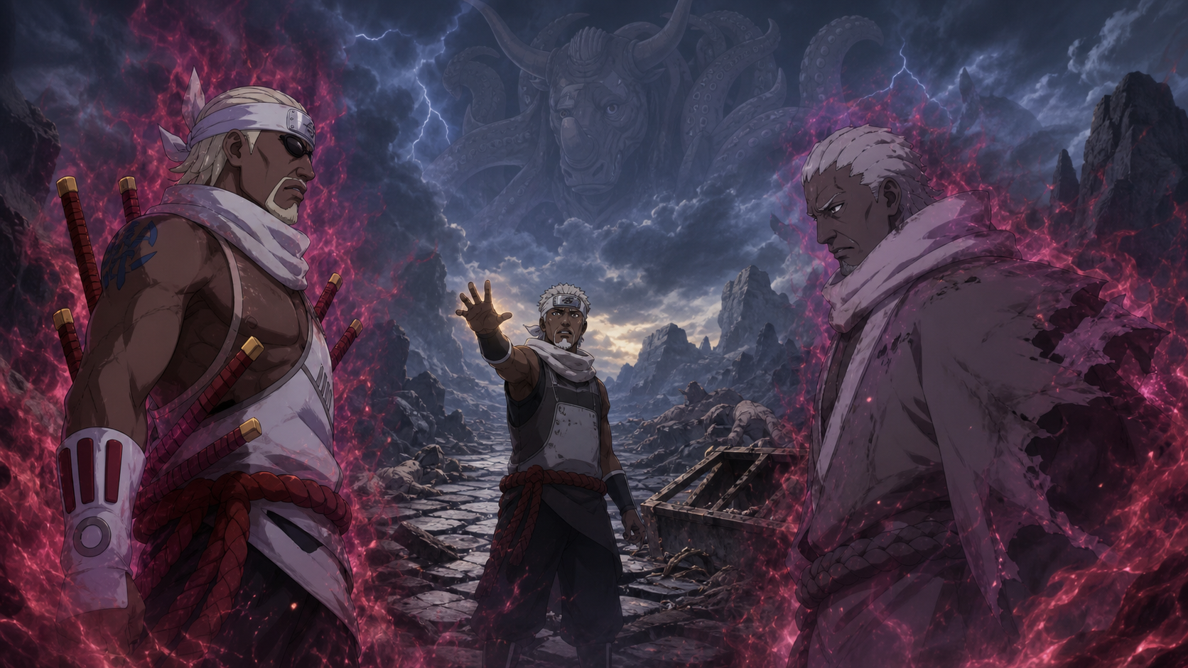 Killer B and the reanimated former Eight-Tails host Fukai face each other in tailed-beast chakra cloaks as Motoi reaches between them in Naruto Shippuden Episode 318