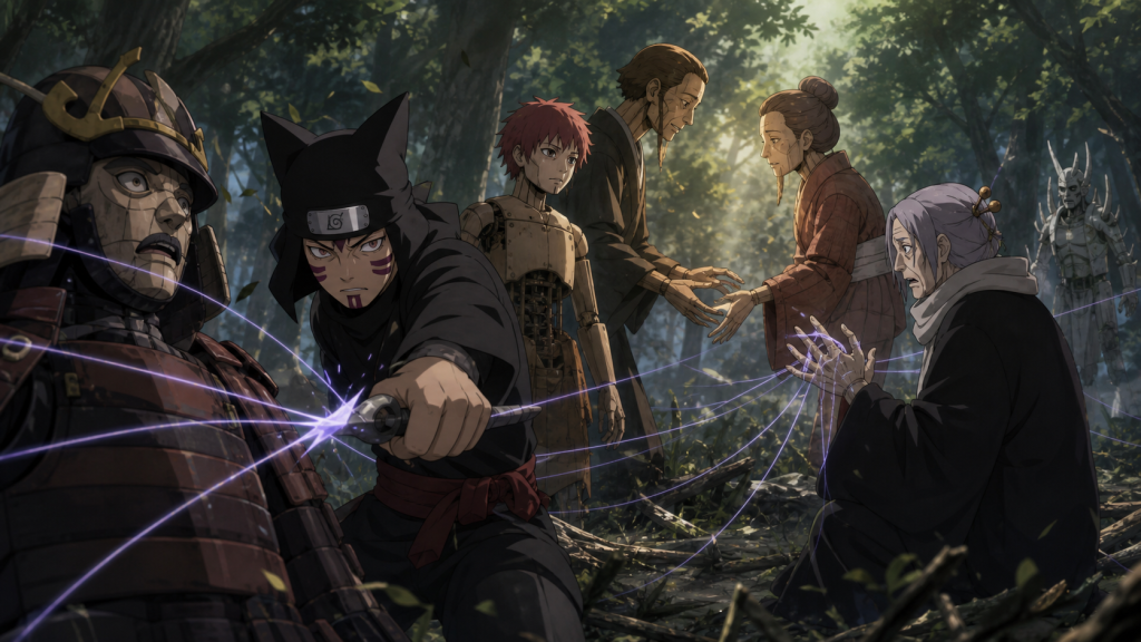 Kankuro cuts Granny Chiyo's chakra threads as Sasori and the Mother and Father puppets stand between generations in Naruto Shippuden Episode 319