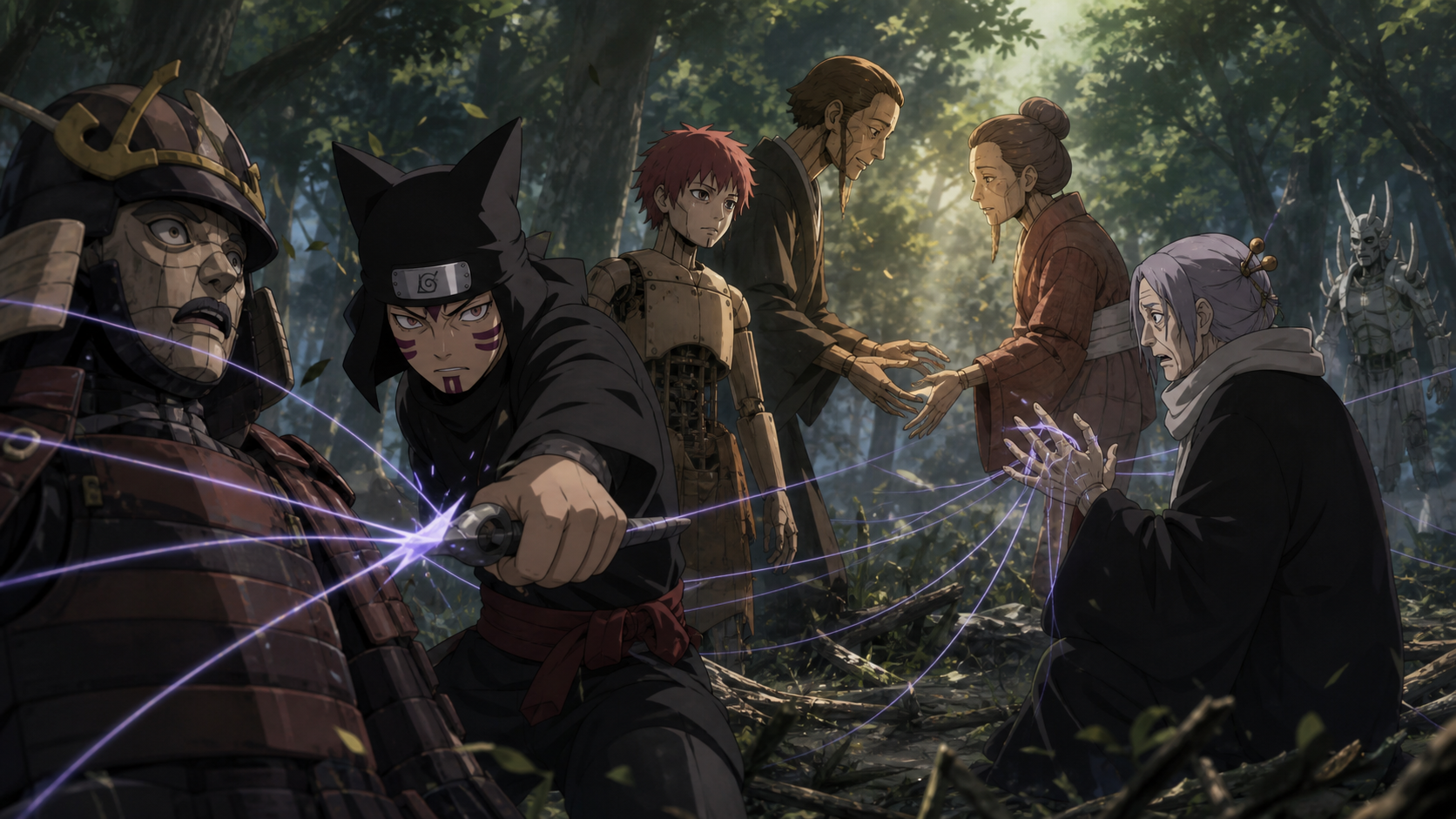 Kankuro cuts Granny Chiyo's chakra threads as Sasori and the Mother and Father puppets stand between generations in Naruto Shippuden Episode 319