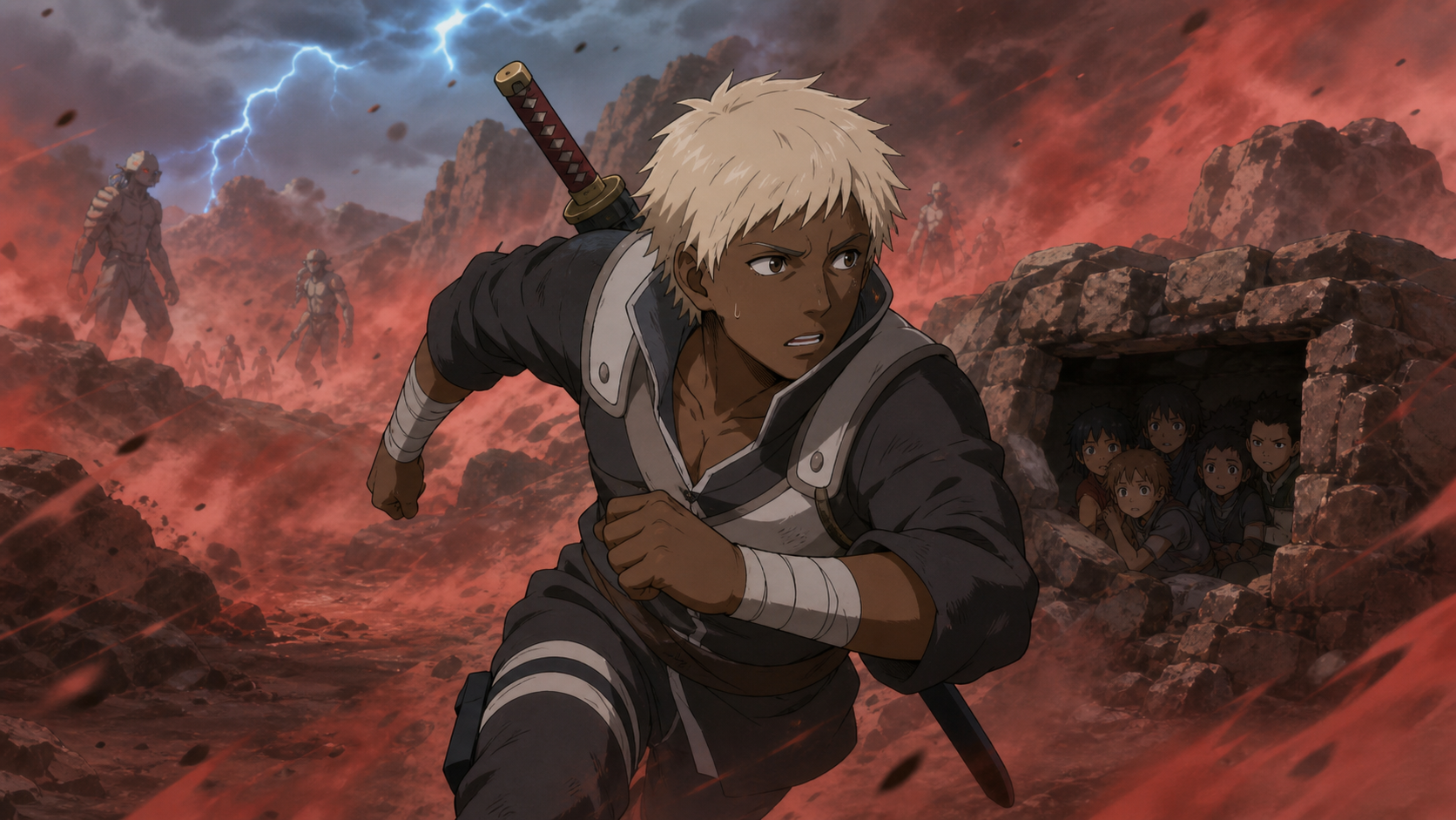 Omoi runs through poisonous red battlefield dust toward seven trapped Cloud Village children in Naruto Shippuden Episode 320