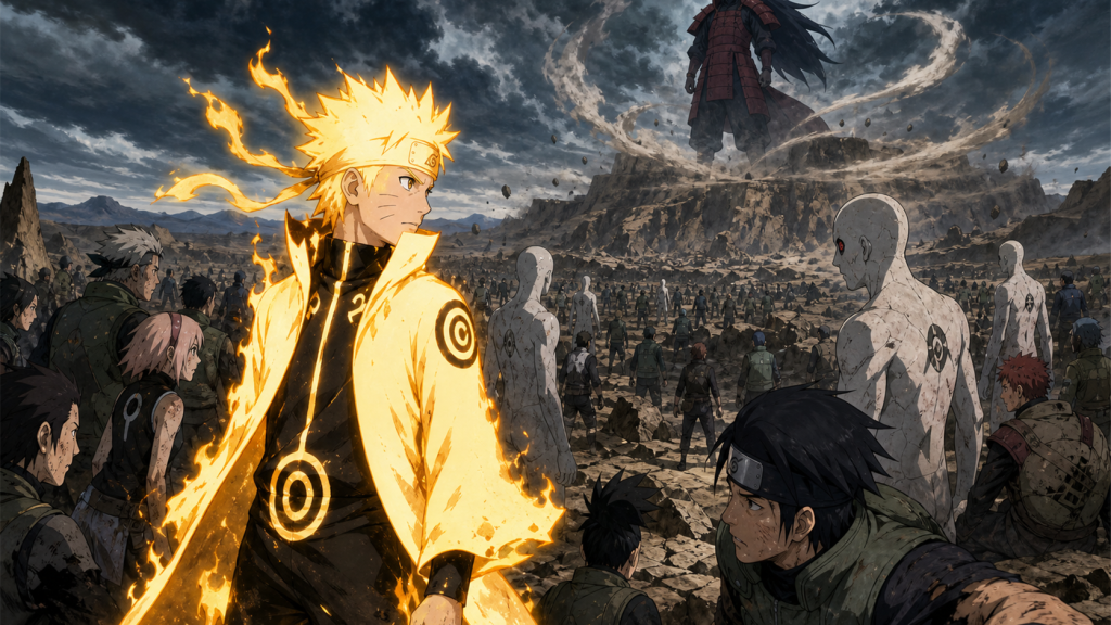 Naruto arrives in a glowing chakra cloak among Allied shinobi and exposed White Zetsu while the real Madara stands above the battlefield in Naruto Shippuden Episode 321