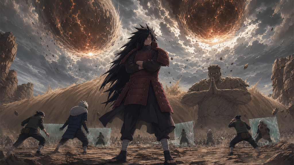 Madara Uchiha stands beneath two descending meteors while Allied shinobi raise sand and stone defenses in Naruto Shippuden Episode 322