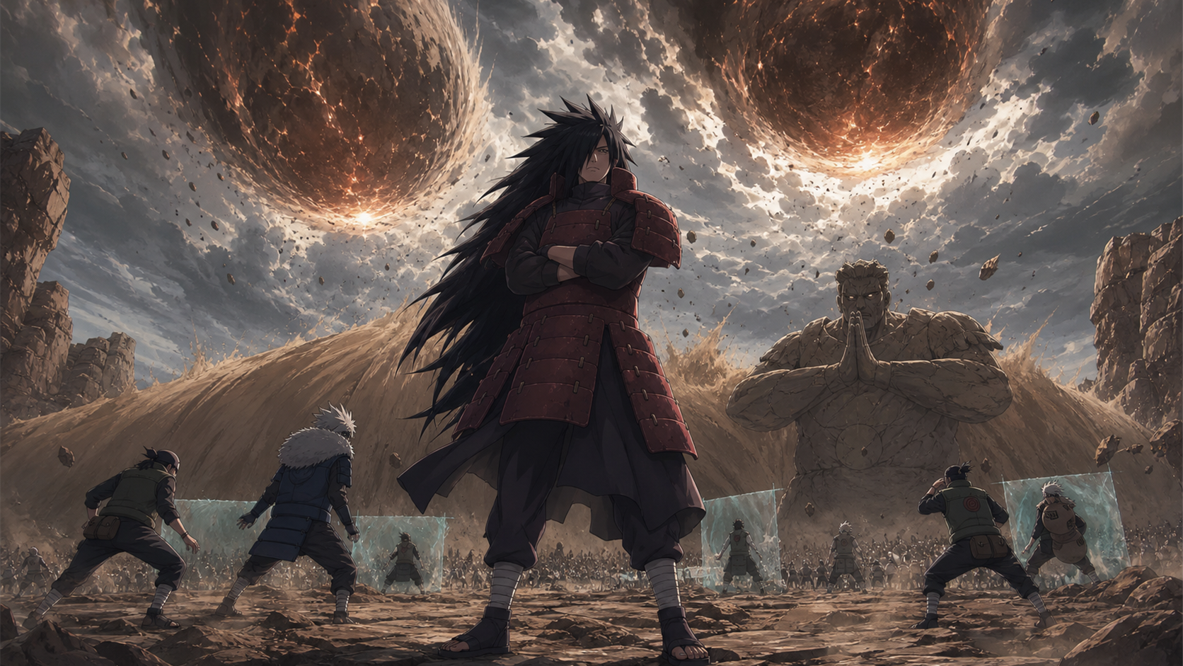 Madara Uchiha stands beneath two descending meteors while Allied shinobi raise sand and stone defenses in Naruto Shippuden Episode 322