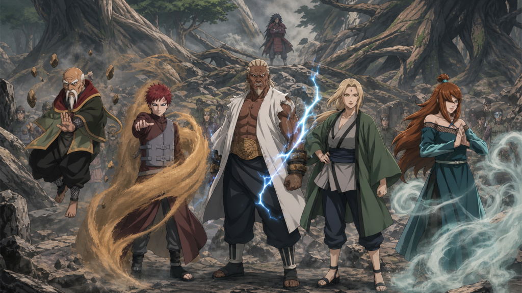 The five Kage stand together before Madara amid giant roots and the shattered Fourth Division battlefield in Naruto Shippuden Episode 323