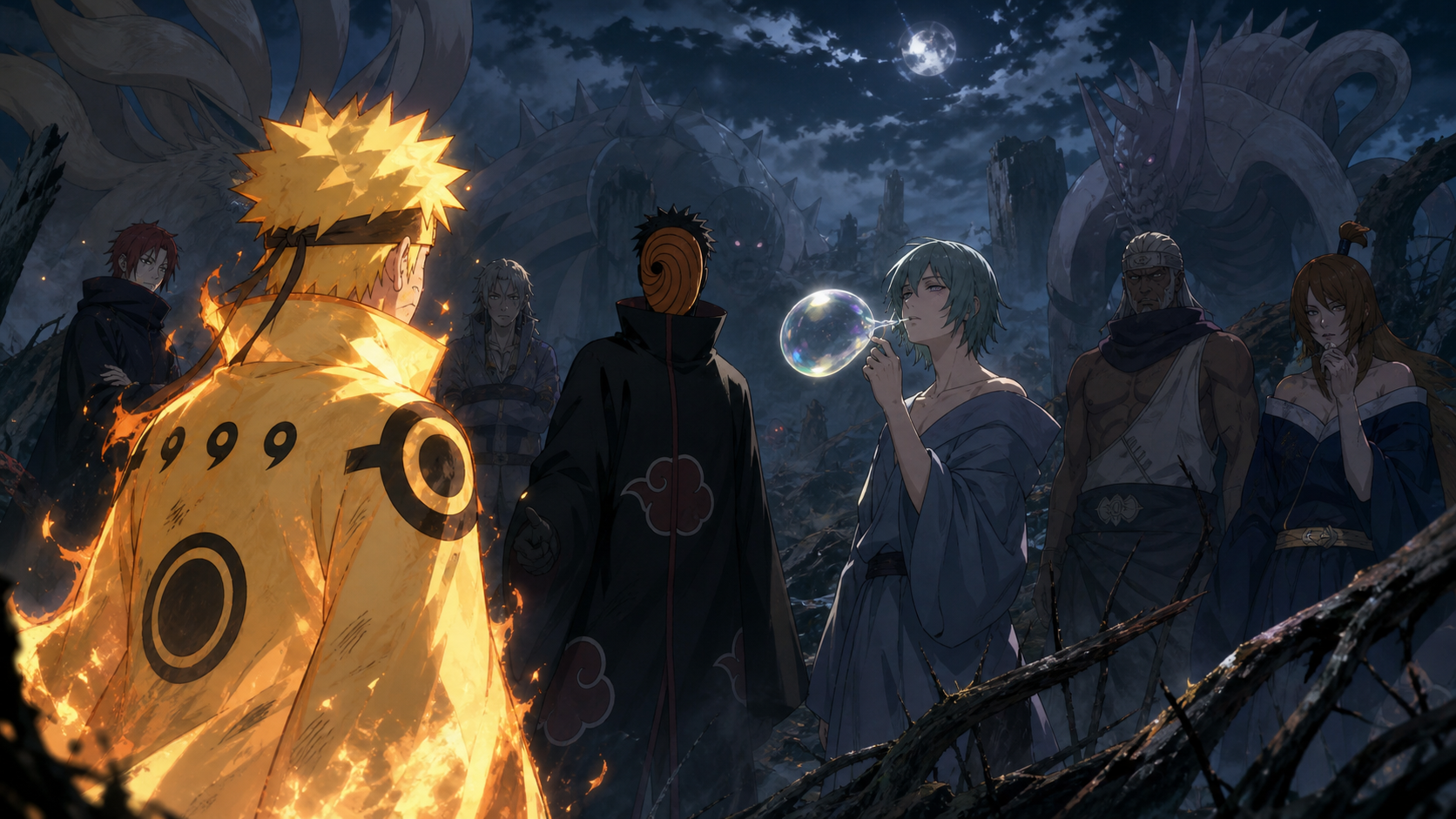 Naruto recognizes Utakata blowing a luminous bubble among six reanimated jinchuriki controlled by a masked man in Naruto Shippuden Episode 324