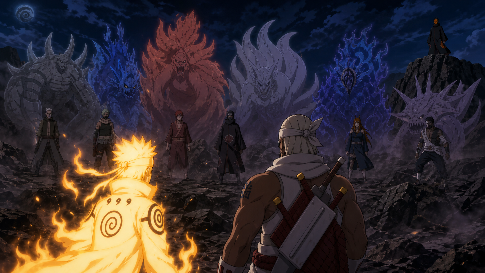 Naruto and Killer B face six reanimated jinchuriki and their tailed beast chakra while Obito watches in Naruto Shippuden Episode 325