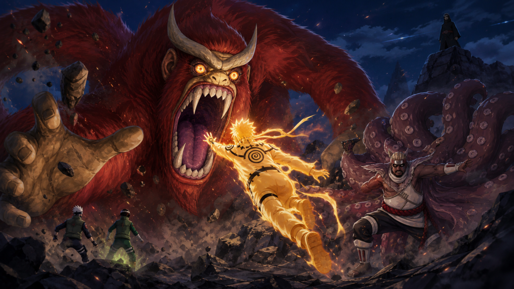 The Four Tails pulls Naruto toward its jaws as Killer B, Kakashi and Might Guy fight under Obito’s control in Naruto Shippuden Episode 326