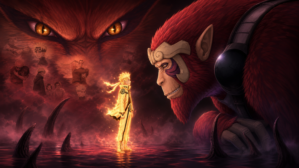 Naruto speaks with Son Goku while Kurama watches through layered memories in Naruto Shippuden Episode 327 Nine Tails