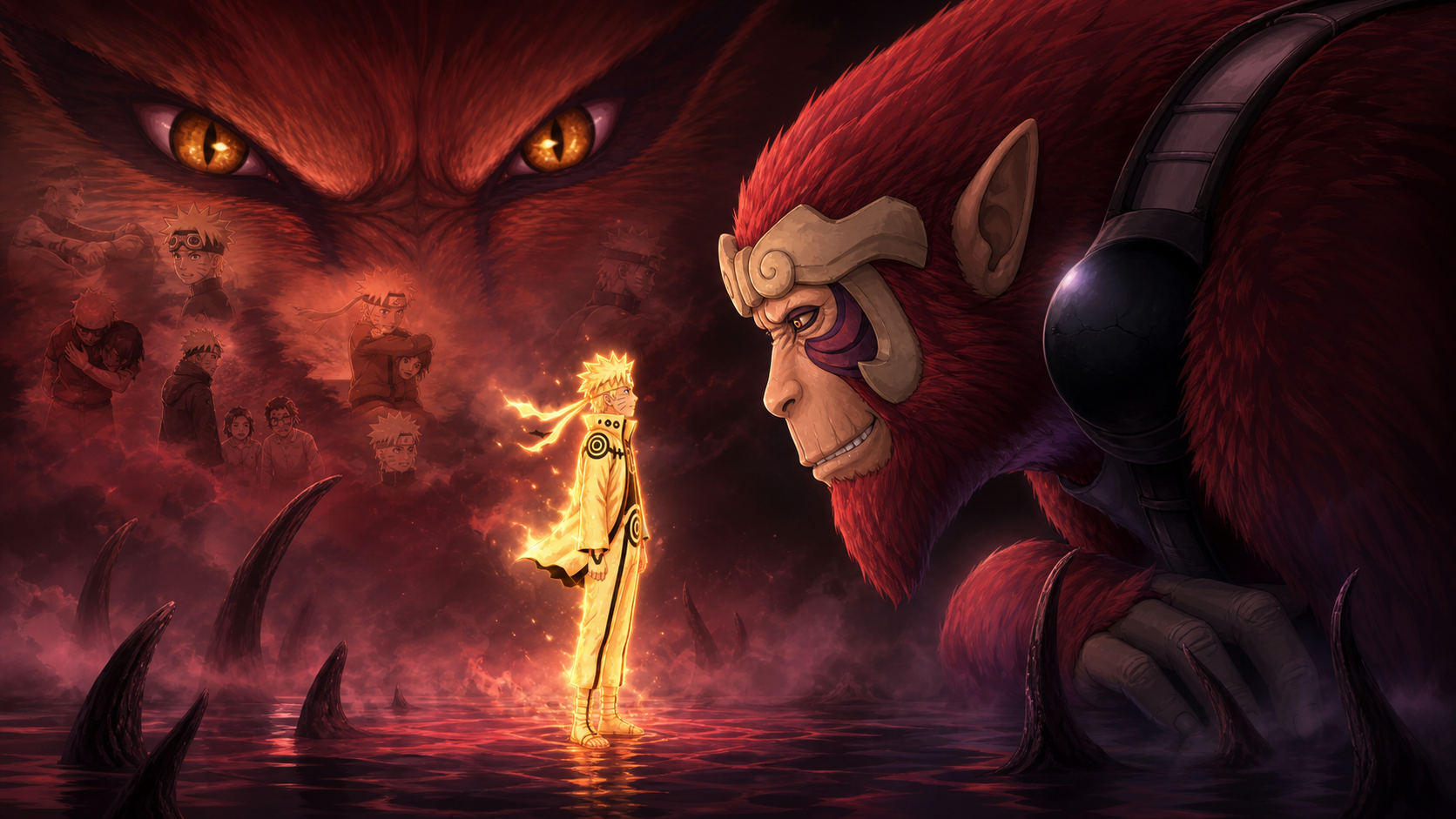 Naruto speaks with Son Goku while Kurama watches through layered memories in Naruto Shippuden Episode 327 Nine Tails